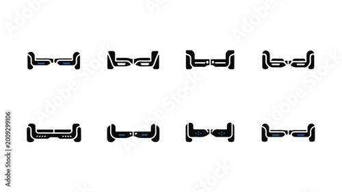 Set of modern electric hoverboard icons and symbols