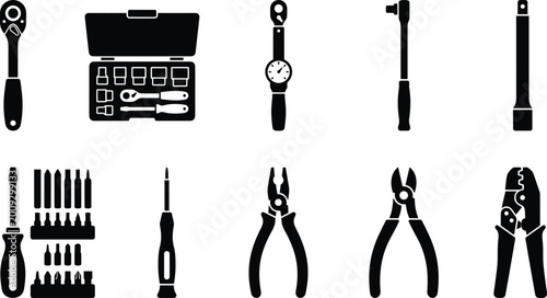 Photos Professional Mechanic Hand Tool Set Featuring Black Vector Silhouettes of Ratche