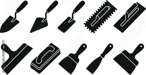 Professional Masonry and Plastering Hand Tool Collection Featuring Black Vector Silhouettes of Trowel Notch Float Scraper and Putty Knife Icons