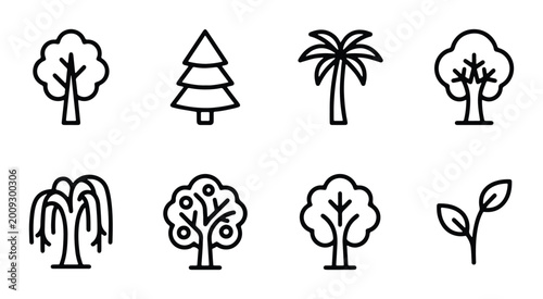 tree silhouettes and outlines in black on white background
