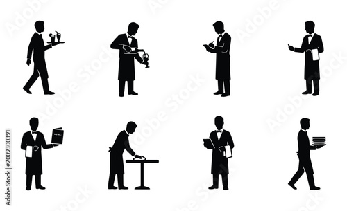 8 restaurant service silhouettes set on white background