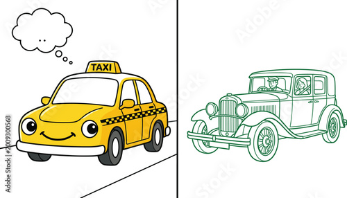 Bild auf Leinwand Cute taxi car and vintage cab comparison with modern cartoon vehicle, transporta