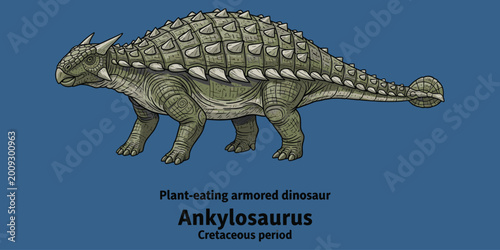 Ankylosaurus plant-eating armored dinosaur Cretaceous period illustration.