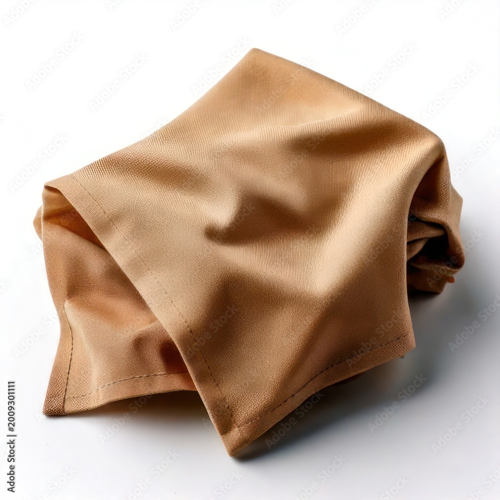 Fototapeta premium Elegant Golden Silk Fabric Draped and Folded on White Background.