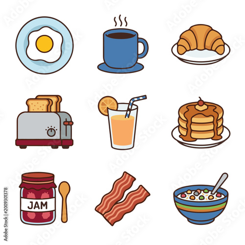 Schilderij op canvas A collection of nine colorful breakfast food and drink icons including egg, coffee, croissant, toast, juice, pancakes, jam, bacon, and cereal