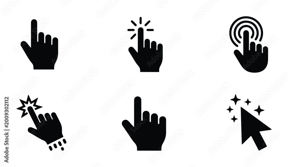 Fototapeta premium Set of Six Black Hand Cursor Icons, Digital Pointer Clicks, Interactive Website Navigation Elements, User Interface Symbols
