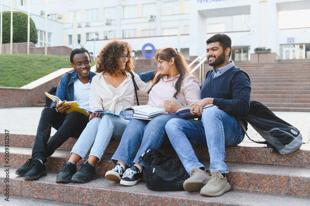 Fototapeta premium Multicultural student group studying on university campus stairs
