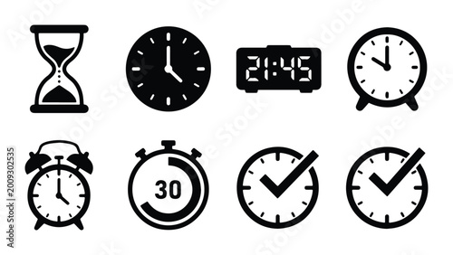 Bild auf Leinwand Diverse Clock Icons Set: Hourglass, Analog, Digital, Alarm, Stopwatch, Time Chec