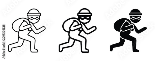 Fotografía Thief Icon Set, Burglar Silhouette, Criminal Vector Art, Robber Running with Bag
