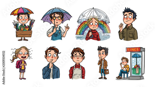 Canvas Print Weathered Emotions: A collection of illustrations showcases individuals experiencing varied emotional responses to inclement weather, capturing a range of feelings