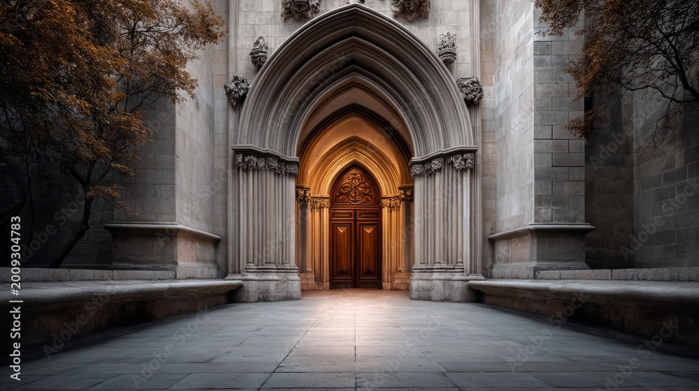 Obraz premium Majestic Gothic Cathedral Doorway with Pointed Arch and Intricate Sculptures
