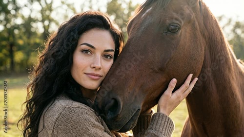 A woman pets her horse.
