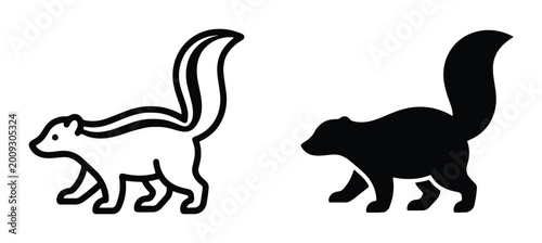 Quadro em tela black and white skunk outline and solid fill vector set on white background