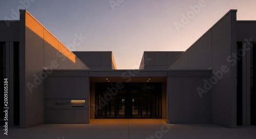 Modern building entrance with symmetrical concrete facade and warm sunset light minimal architecture and urban arrival concept