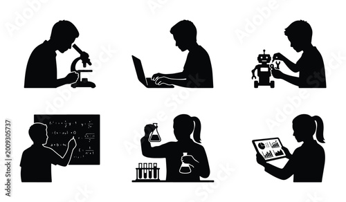 Bild auf Leinwand set of vector silhouettes depicting individuals engaged in scientific and techno