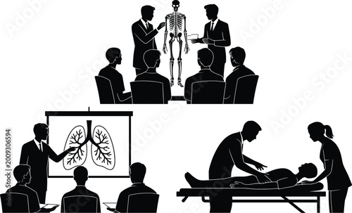 Obraz na płótnie Medical training classroom with anatomy skeleton lung presentation and patient t