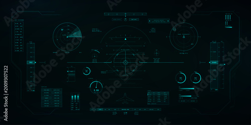 Fotografie Sci-fi Head-Up Display with Futuristic Aircraft HUD and Radar Display