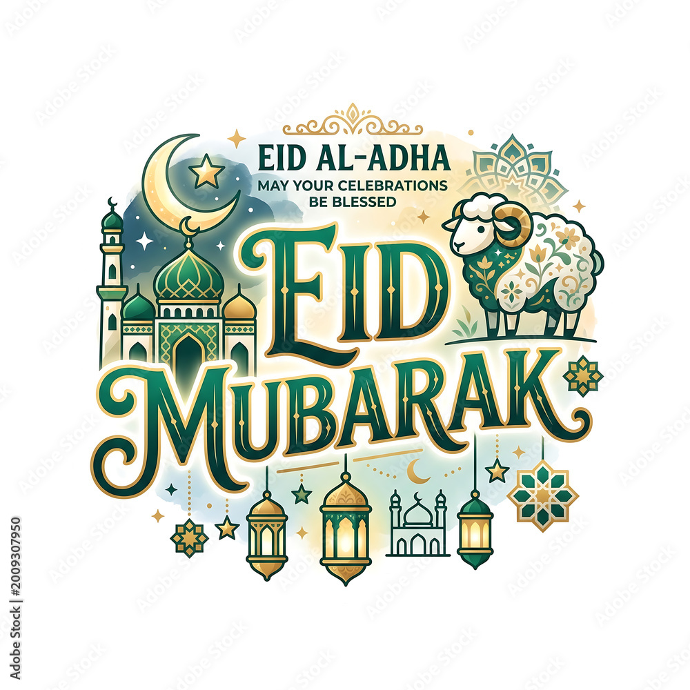 Obraz premium Eid mubarak greeting design with mosque silhouette crescent moon and sheep for islamic holiday celebration