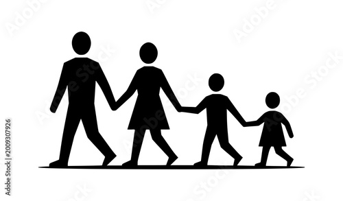 Cuadro en lienzo Minimal silhouette family walking holding hands abstract unity black white vecto