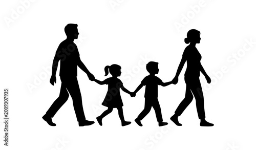 Tableau sur toile Black silhouette family walking holding hands side view unity lifestyle vector i