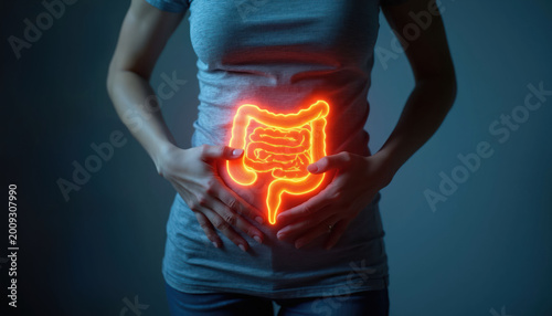 Woman holds stomach showing glowing intestines. Concept of digestive system pain, colitis, IBS, and colon issues. Health awareness for abdominal discomfort.