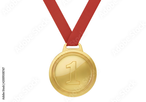 Golden medal with red ribbon isolated on transparent background