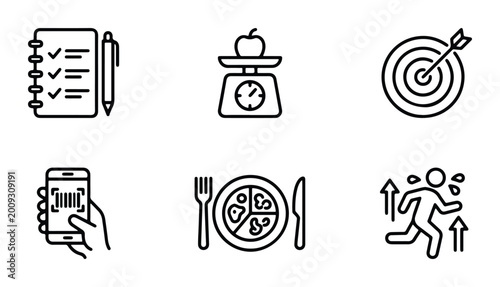 Foto dietary tracking meal planning exercise goals weight management tools vector set