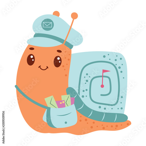 Cuadro en lienzo Snail Postman Vector Illustration, Cute Cartoon Mail Carrier Character with Lett