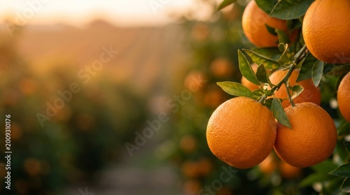 Ripe orange hanging on tree branch in sunny orchard. Fresh citrus fruit cluster with green leaves. Golden hour farm harvest scene for agriculture nutrition and healthy eating concepts.