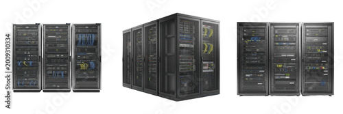 Obraz na płótnie Professional Server Rack Cabinet with Network Switches and LED Lights for Data C