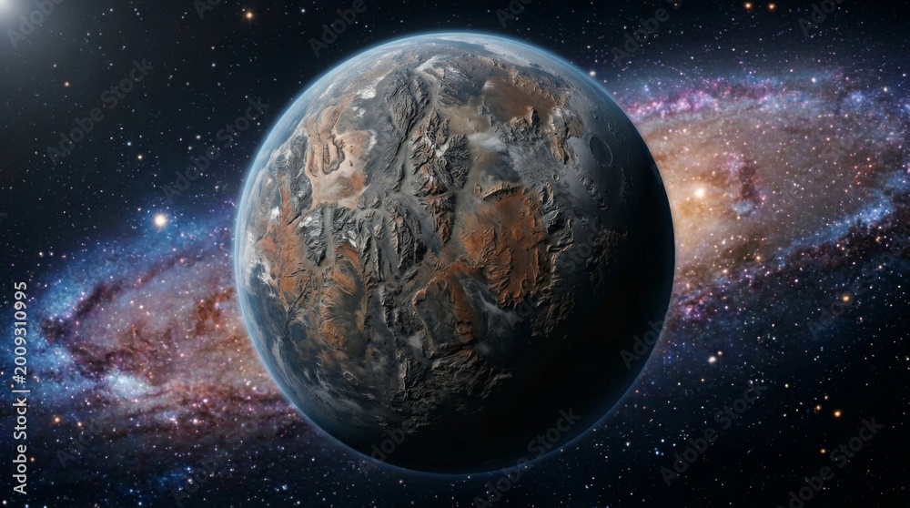 Fototapeta premium Rocky exoplanet floating in deep space. Alien world with rugged mountains and icy surfaces. Cosmic discovery and astronomy visualization for science fiction concepts.