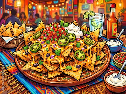 Vibrant Mexican Nachos Platter and Margarita in a Festive Restaurant