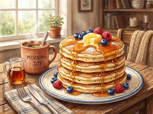 Fluffy Pancakes with Berries and Syrup for Cozy Morning Breakfast