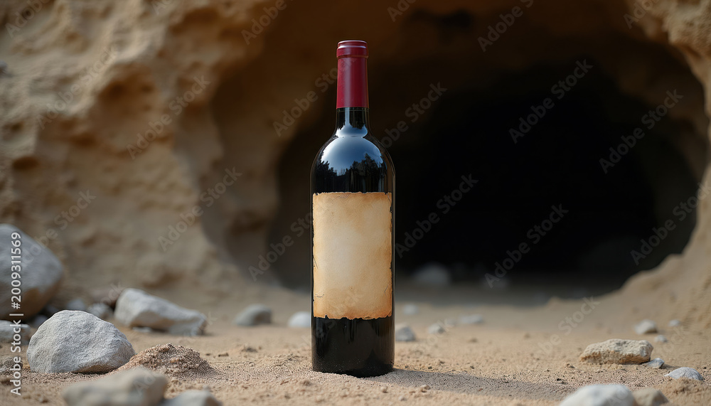 Naklejka premium Red wine bottle with blank label rests in front of dark cave opening. Sandy desert ground, rocks, harsh sunlight create rustic scene. Beverage drink awaits discovery.