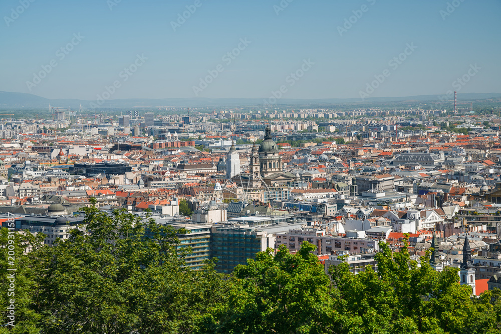 Obraz premium Budapest city (Pest side) panorama with St. Stephen’s Basilica, Budapest Eye and the Hungarian State Opera House, Hungary