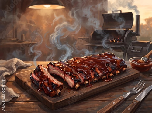 Smoked Barbecue Ribs with Glazed Sauce on Wooden Platter