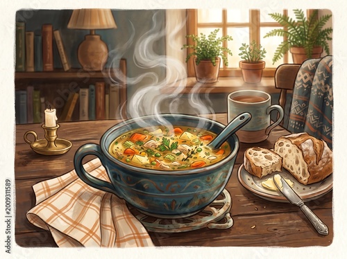 Steaming Bowl of Homemade Vegetable Soup on Wooden Table