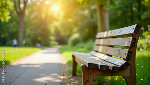 Empty wooden bench in sunny park with pathway and green trees, peaceful nature, summer relaxation, quiet moment, outdoor scene.