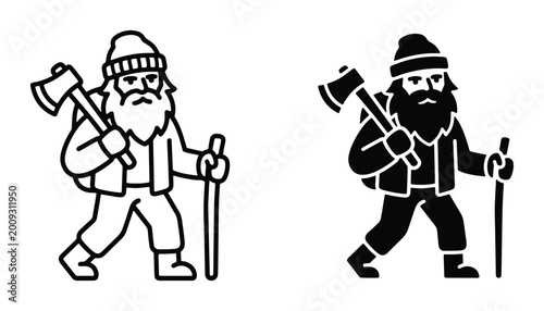 Schilderij op canvas Mountain man hiking with axe and walking stick in black and white outline style