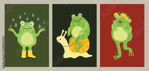 Bild auf Leinwand Funny frog character, froggy mascot characters postcard or poster set