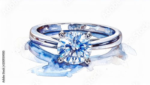Close up diamond ring on white background with watercolor accents
