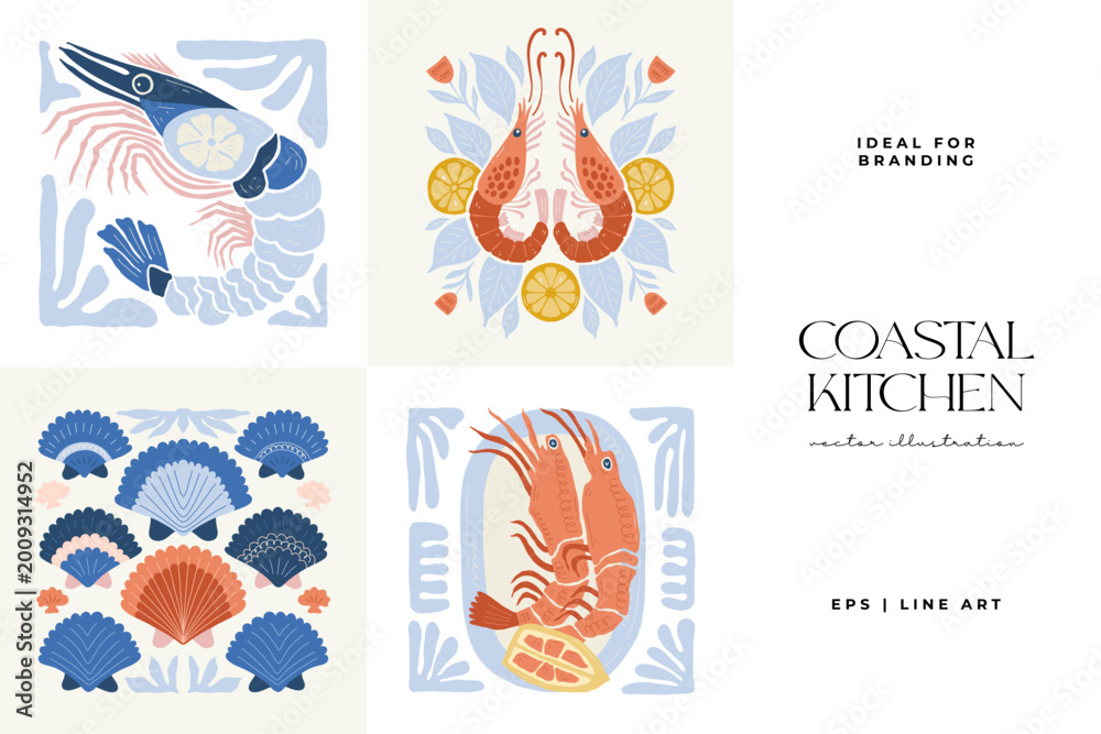 Fototapeta premium Coastal seafood illustration collection in minimal Matisse style with marine elements