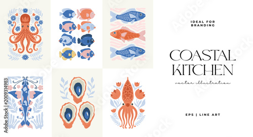 Coastal seafood illustration collection in minimal Matisse style with marine elements