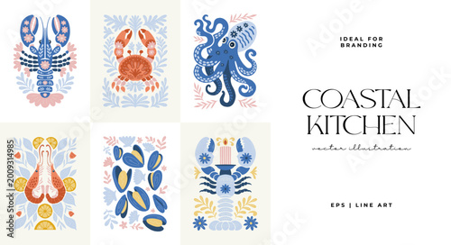 Coastal seafood illustration collection in minimal Matisse style with marine elements
