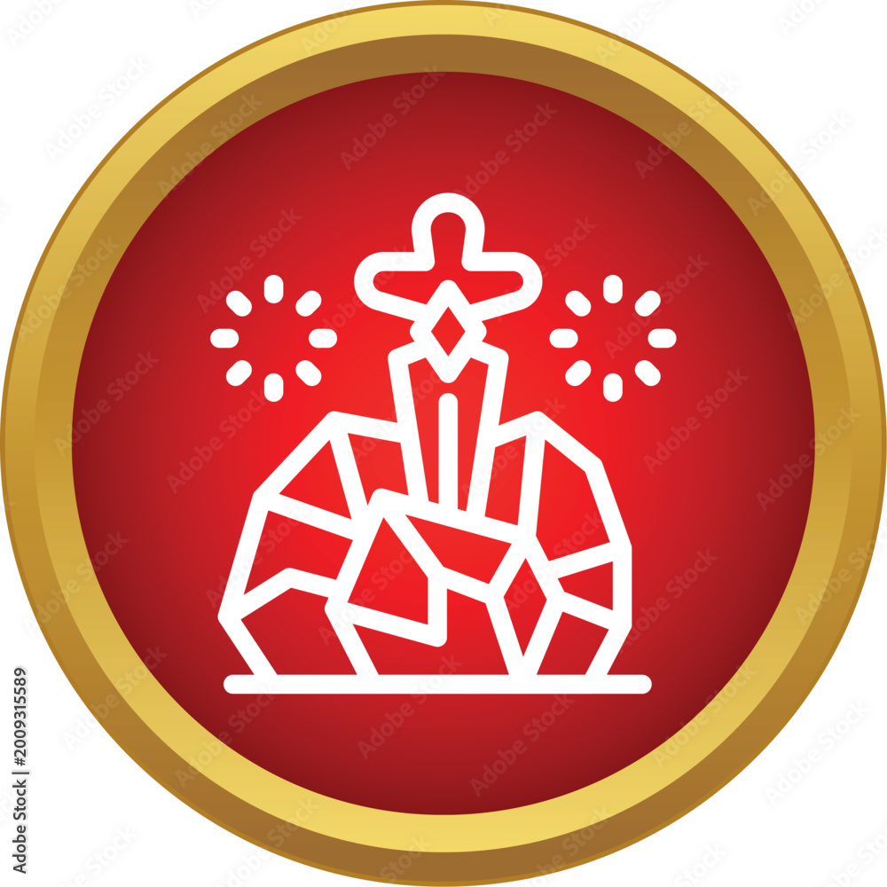 Fototapeta premium Symbolic sword stuck in a rock on a golden framed red circle icon