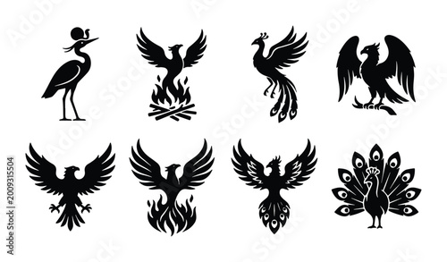 Photos Mythical Phoenix Bird Silhouettes, Majestic Firebird Icons, and Elegant Peacock Vector Set