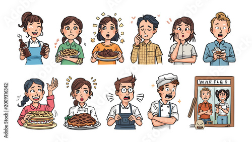 Obraz na plátně Restaurant Staff Emotion: An illustrated montage depicting various restaurant staff members, each expressing a unique emotion, capturing the everyday hustle and bustle of a dining establishment