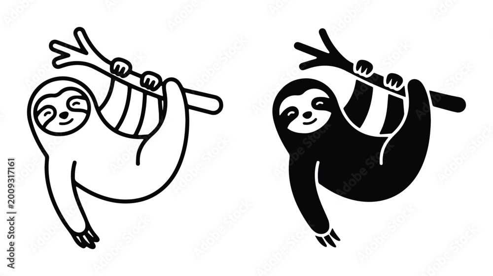 Fototapeta premium Minimalist sloth vector icons, black and white hanging sloth illustrations, cute animal line art and solid silhouette set for logos and stickers