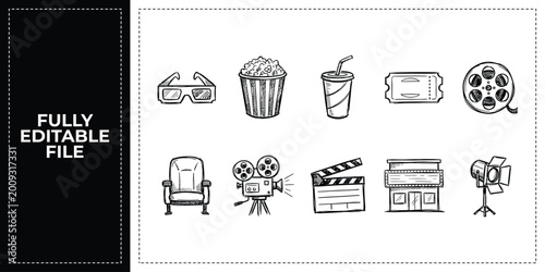 Foto Set of cinema movies film production and theater culture icons frontal isolated