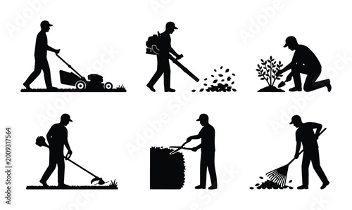 Tableau sur toile Gardening and Lawn Care Icons: Silhouette Set of Six Manual Labor Activities, In